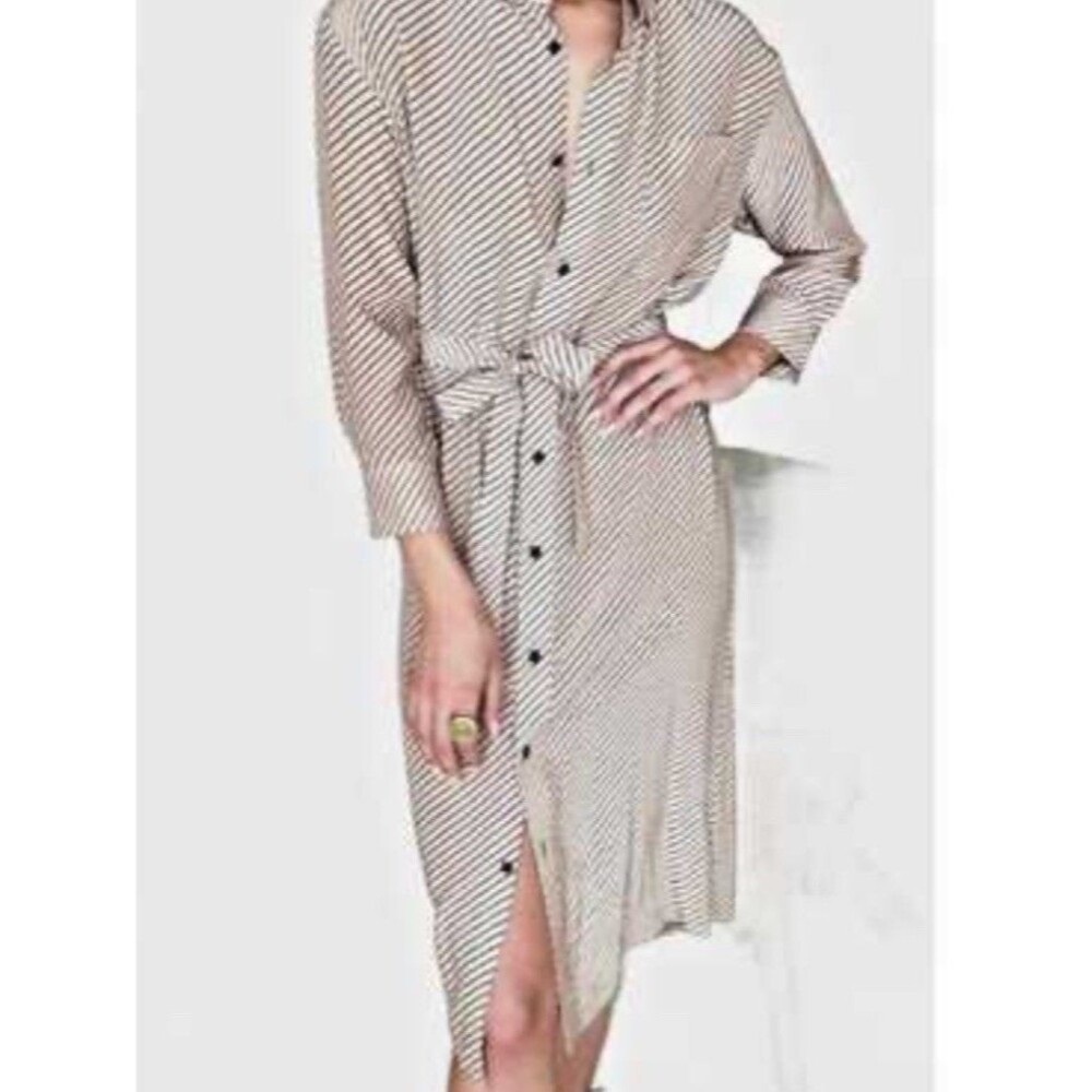 Emerson Fry Striped Shirt Dress Beige/Black S Midi Long Sleeve Button Belt Party